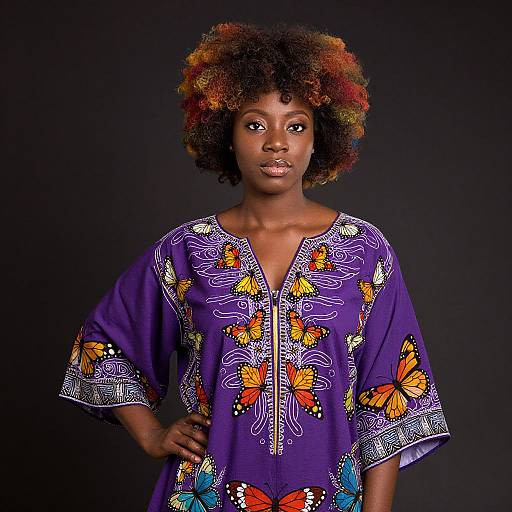 Photograph of a confident Black woman with curly, multi-colored hair, wearing a vibrant purple dress adorned with orange and blue butterfly patterns, standing against a