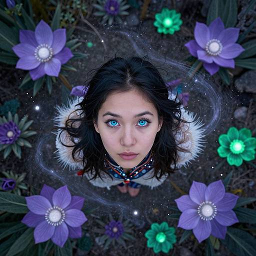 Photograph of an Asian woman with vibrant blue eyes, black wavy hair, and white fur collar, surrounded by glowing purple and green flowers. Top