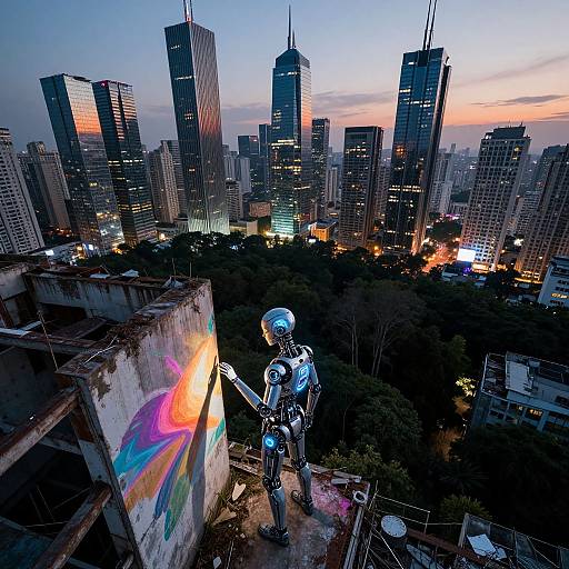 Photograph of a futuristic robot with glowing blue lights, standing on a rooftop, painting a vivid rainbow on a concrete wall, overlooking a twilight cityscape