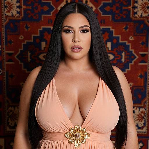Photograph of a curvy woman with long black hair, wearing a peach, deep V-neck dress with a gold floral brooch, standing in front