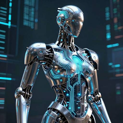 CGI image of a futuristic, silver robotic humanoid with glowing blue circuitry, standing in a dark, neon-lit cityscape background.