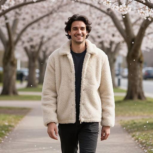 Photograph of a smiling man with curly black hair, wearing a white fluffy jacket and black shirt, walking down a cherry blossom-lined path.