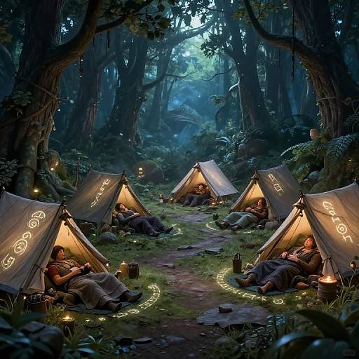 Digital artwork of a mystical forest campsite at night, featuring five illuminated tents with runes, surrounded by glowing candle paths and seated campers.