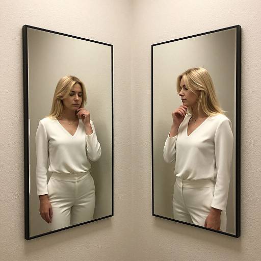 Photograph of a blonde woman in a white long-sleeve blouse and pants, standing before two mirrors, reflecting her thoughtful expression.