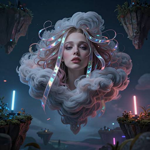 Digital art of a pale-skinned woman with ethereal, cloud-like hair adorned with reflective ribbons, floating against a neon-lit, floating island