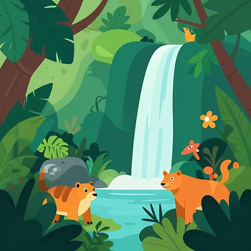Digital illustration of a vibrant jungle scene with three orange dogs, one with a gray backpack, near a cascading waterfall and lush greenery. Bright colors