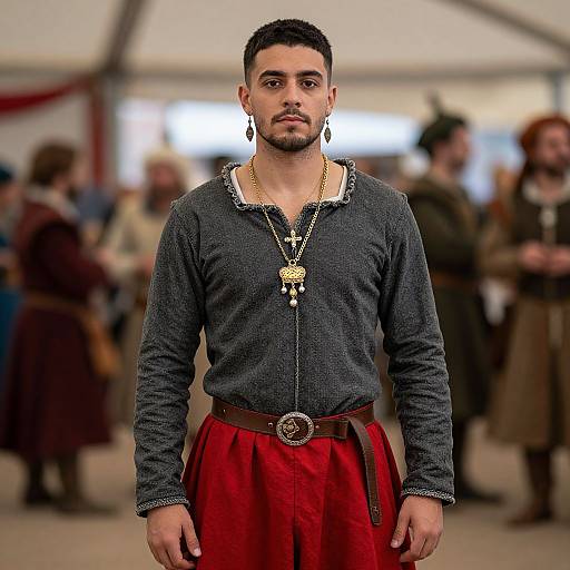 Photograph of a young man with short black hair, dark skin, and stubble, wearing a gray long-sleeve shirt, red pants,