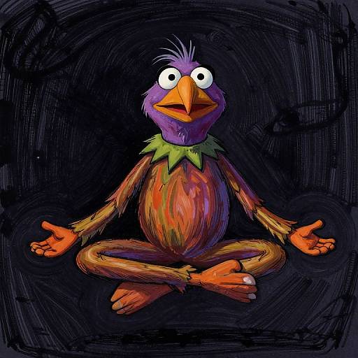 Digital drawing of a colorful, cartoonish bird-like character with purple and orange feathers, green neck feathers, and wide eyes, sitting cross-legged in a