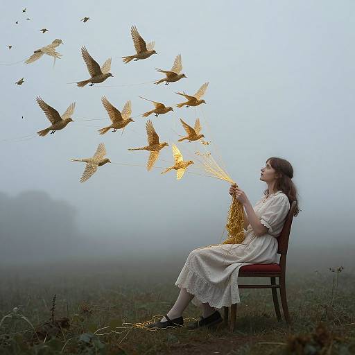 Photograph of a woman in a white dress, sitting on a red chair, releasing golden birds into a misty field.