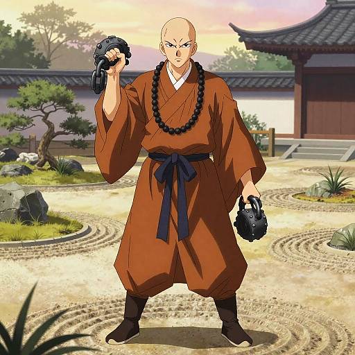 Digital anime-style drawing of a bald, muscular monk in brown robes, holding a black pistol in each hand, standing in a serene Japanese garden at sunset