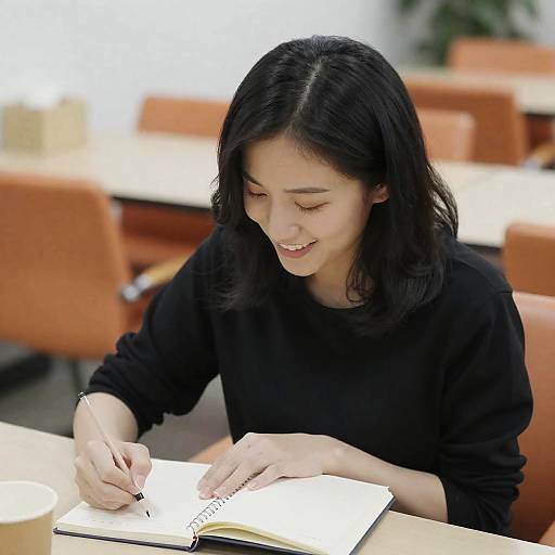 Cheerful Woman Writing at a Table