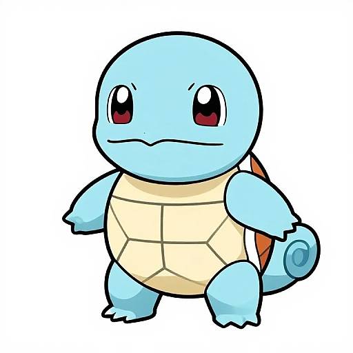 Digital drawing of a cute, blue, cartoon-style Squirtle Pokémon with red eyes, beige shell, and orange back, standing against a white background