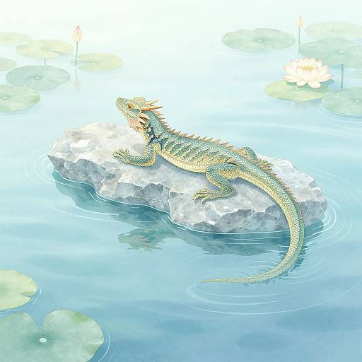 Digital illustration of a green and yellow lizard basking on a white rock in a serene, blue pond with lily pads and a blooming lotus