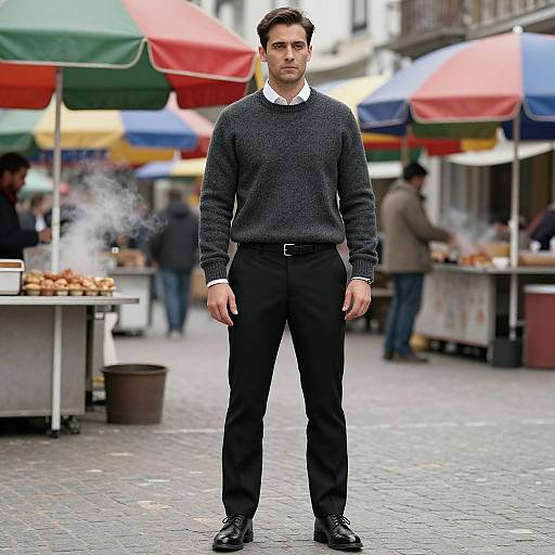 Photograph of a serious, dark-haired man in a gray sweater, white shirt, and black pants, standing in a colorful outdoor market with food stalls