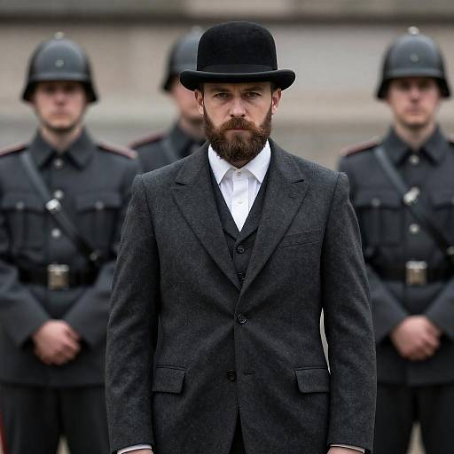 Bearded Gentleman Before Uniformed Soldiers