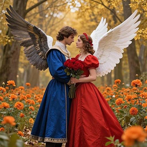 Photograph of an angelic couple in a forest; he has black wings, blue robe, she has white wings, red dress, holding flowers,