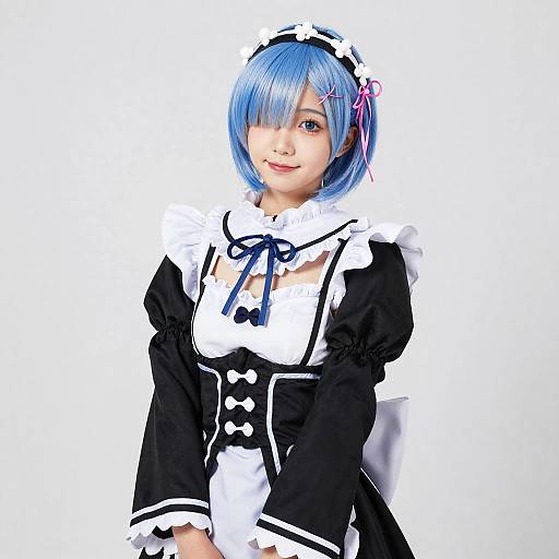 Photograph of a young woman with blue bob haircut, wearing a black and white maid outfit, pink hairclip, and black ribbon, smiling against a