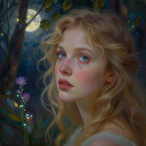 Digital painting of a fair-skinned, blonde-haired woman with blue eyes, soft pink lips, and delicate features, gazing dreamily at a glowing