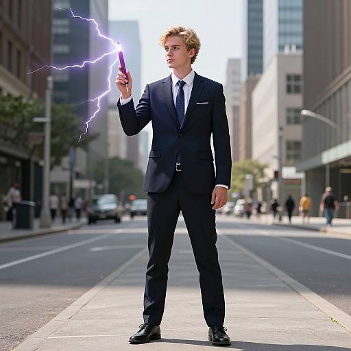 Young Man in Business Suit Holding Magical Lightning Pencil