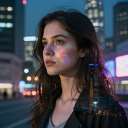 Photograph of a young woman with long, wet brown hair, blue eyes, and glowing rainbow light on her cheek, standing in a city street at