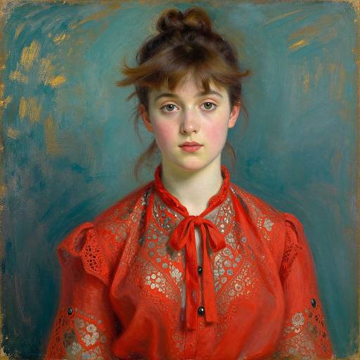 Painting of a young Caucasian woman with fair skin, brown hair in a bun, wearing a red lace blouse, against a teal background. Realistic