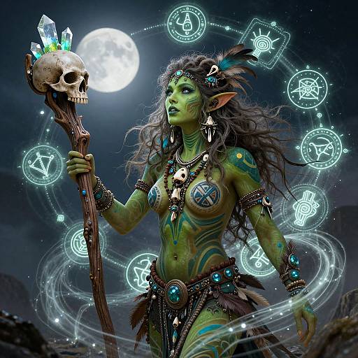 Digital artwork of a green-skinned, topless female orc with long black hair, holding a crystal skull staff under a full moon. Magic symbols and