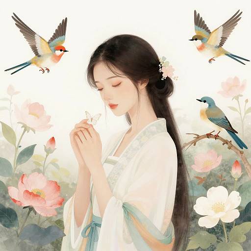Serene Woman Among Birds and Blooms