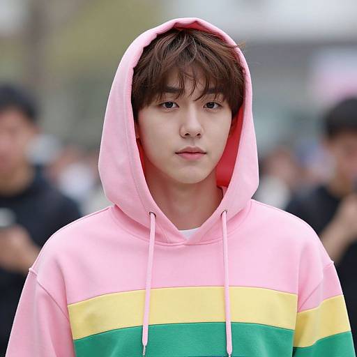 Photograph of an Asian man with medium-length brown hair, wearing a pink hoodie with yellow and green stripes, hood up, standing outdoors with a blurred
