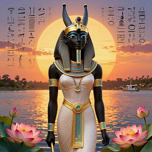Digital art of an Anubis-like figure with black skin, blue eyes, and Egyptian attire, standing in a sunset-lit lake with lotus