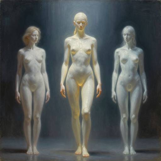 Digital painting of three nude women; central figure glowing golden, flanked by translucent white figures, standing against a dark background.