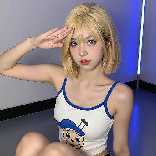 Blonde Woman Saluting with LED Background