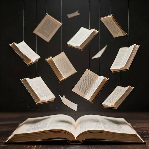 Photograph of an open book at the bottom, with multiple floating, illuminated, open books suspended in mid-air against a dark background.
