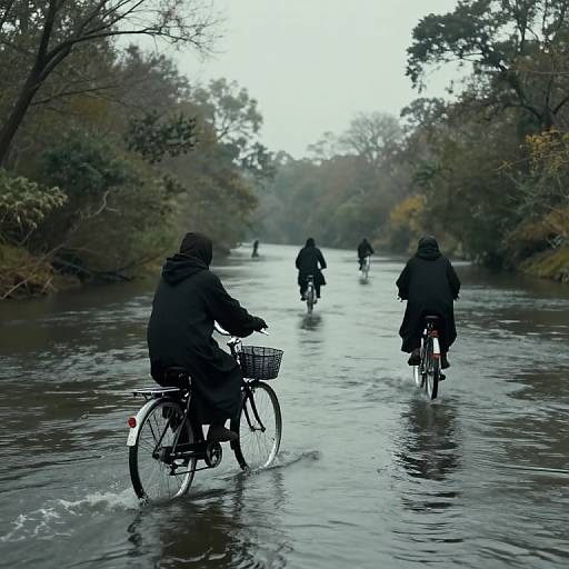 Photograph of four cyclists in black rain gear riding through a flooded, tree-lined path with reflective water, misty background.