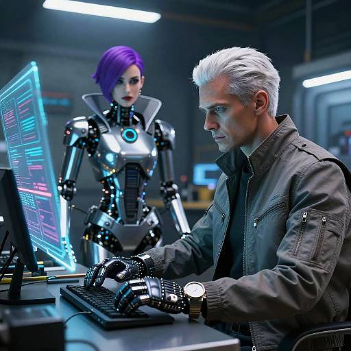 Cyberpunk Engineer and Informant in Repair Bay