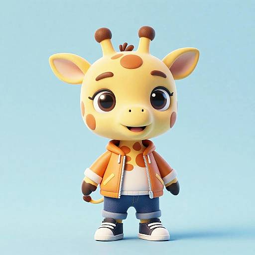 Cute CGI giraffe character with large eyes, orange hoodie, white shirt, blue shorts, black sneakers, and brown spots on a light blue background