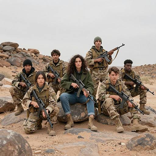 Group of Armed Soldiers in Desert Landscape