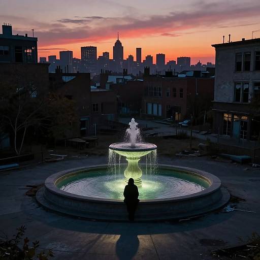 Photograph of a silhouetted person standing at a glowing fountain, with a vibrant sunset sky and city skyline in the background.