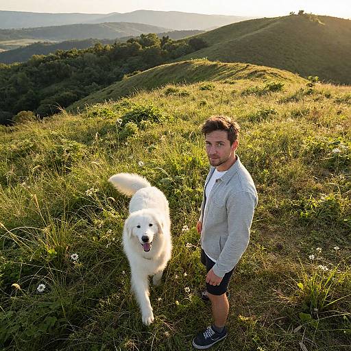 Photograph of a bearded man in a gray hoodie and black shorts standing on a grassy hill with a happy white dog. Sun setting in the
