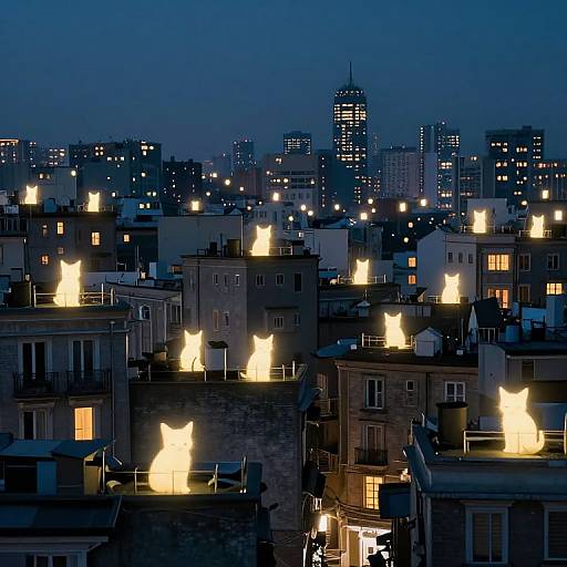 Photograph of a cityscape at night, featuring illuminated butterfly-shaped lights on rooftop buildings, contrasting with the dark blue sky and lit skyscrapers in