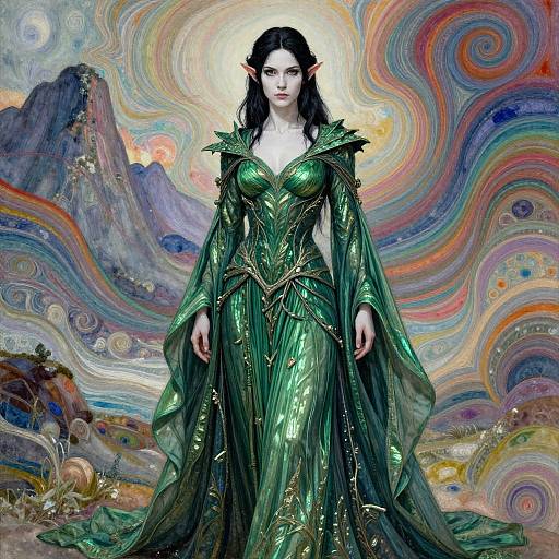 Digital art of an elf woman with long black hair, green ornate dress, pointed ears, standing in a swirling, colorful, fantasy landscape.