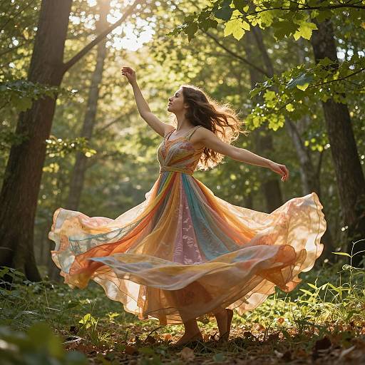 Photograph of a woman with long brown hair, wearing a flowing, rainbow-colored sundress, dancing in a sunlit forest, sunlight filtering through leaves