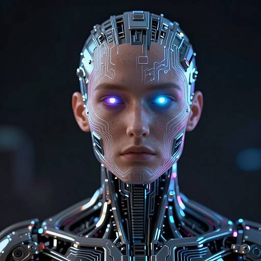 Digital artwork of a cybernetic human with glowing blue and purple eyes, intricate circuitry patterns on face and neck, against dark background.