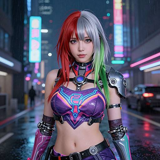 Cyberpunk anime-style photograph of a woman with red, white, and green hair, futuristic armor, and neon-lit rainy city street.
