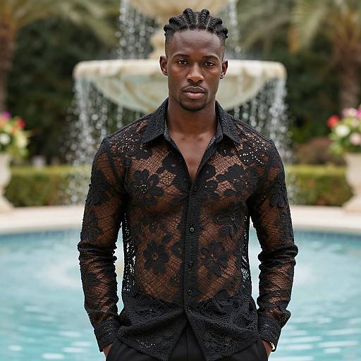 Photograph of a handsome Black man with short, braided hair, wearing a wet, see-through black lace shirt, standing in front of a casc