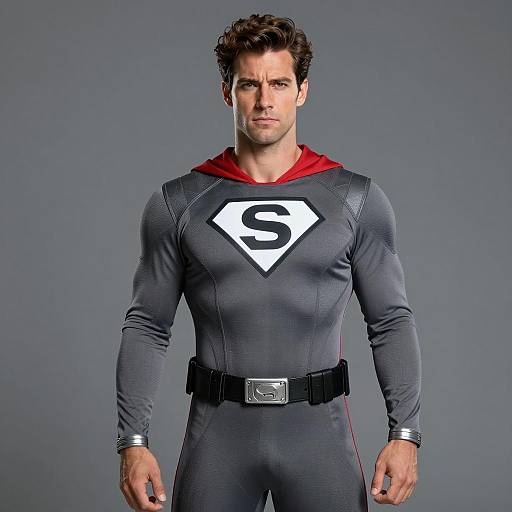Man in Gray Superhero Costume with Red Hood