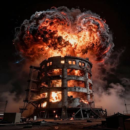Photograph of a cylindrical industrial building engulfed in massive, fiery explosion with bright orange flames and thick black smoke against a dark night sky.