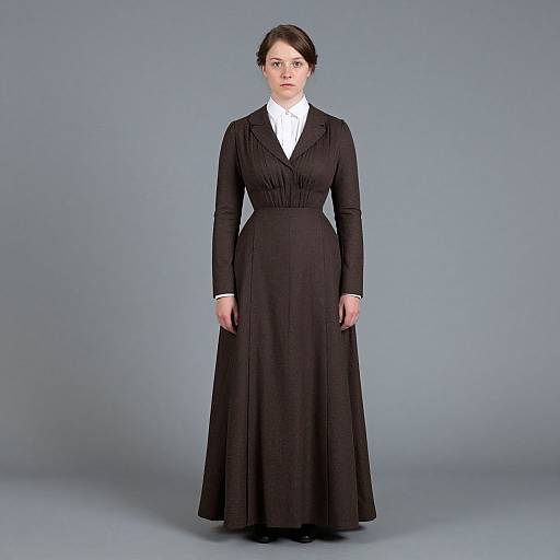 Photograph of a fair-skinned woman with dark brown hair in an Edwardian-style black dress with long sleeves and a high white collar, standing against