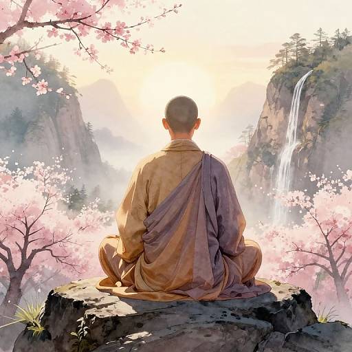 Digital art: Meditating monk in brown robe sits on rock, back to viewer, surrounded by cherry blossoms, sunlight, and waterfall.