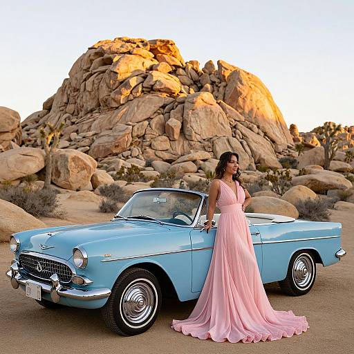 Photograph: Elegant woman in pink gown stands beside blue vintage convertible, against a rocky desert landscape with sunlight highlighting the rocks.