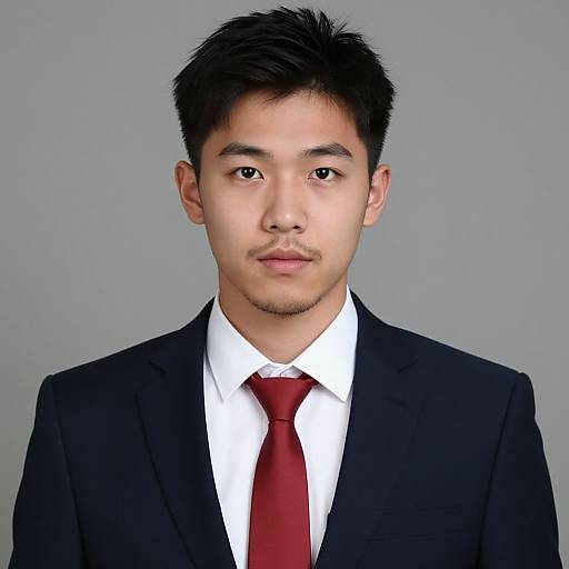 Photograph of an Asian man with short black hair, light skin, wearing a black suit, white shirt, and red tie, against a plain gray